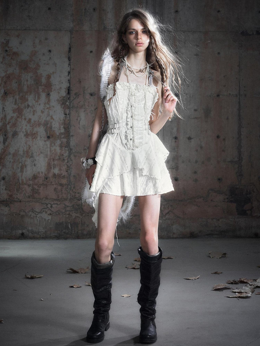 Cest Nous Pu Lace Waist Cinched Punk Bodycon Strapless Womens Spliced Minidresses