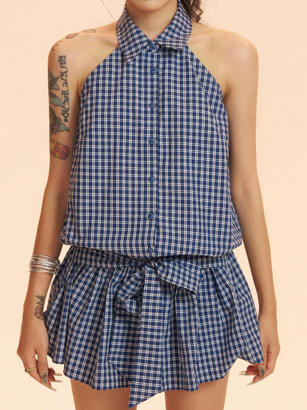 ZERO Soft Cotton Plaid Tie A Line Stand Collar Women Citywalk Mini Dresses