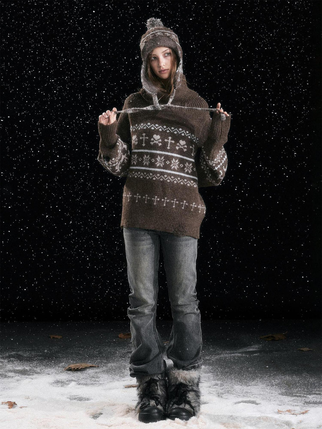 Cest Nous Cozy Thermal Commuter Loose Hooded Women Wool Blend Sweaters