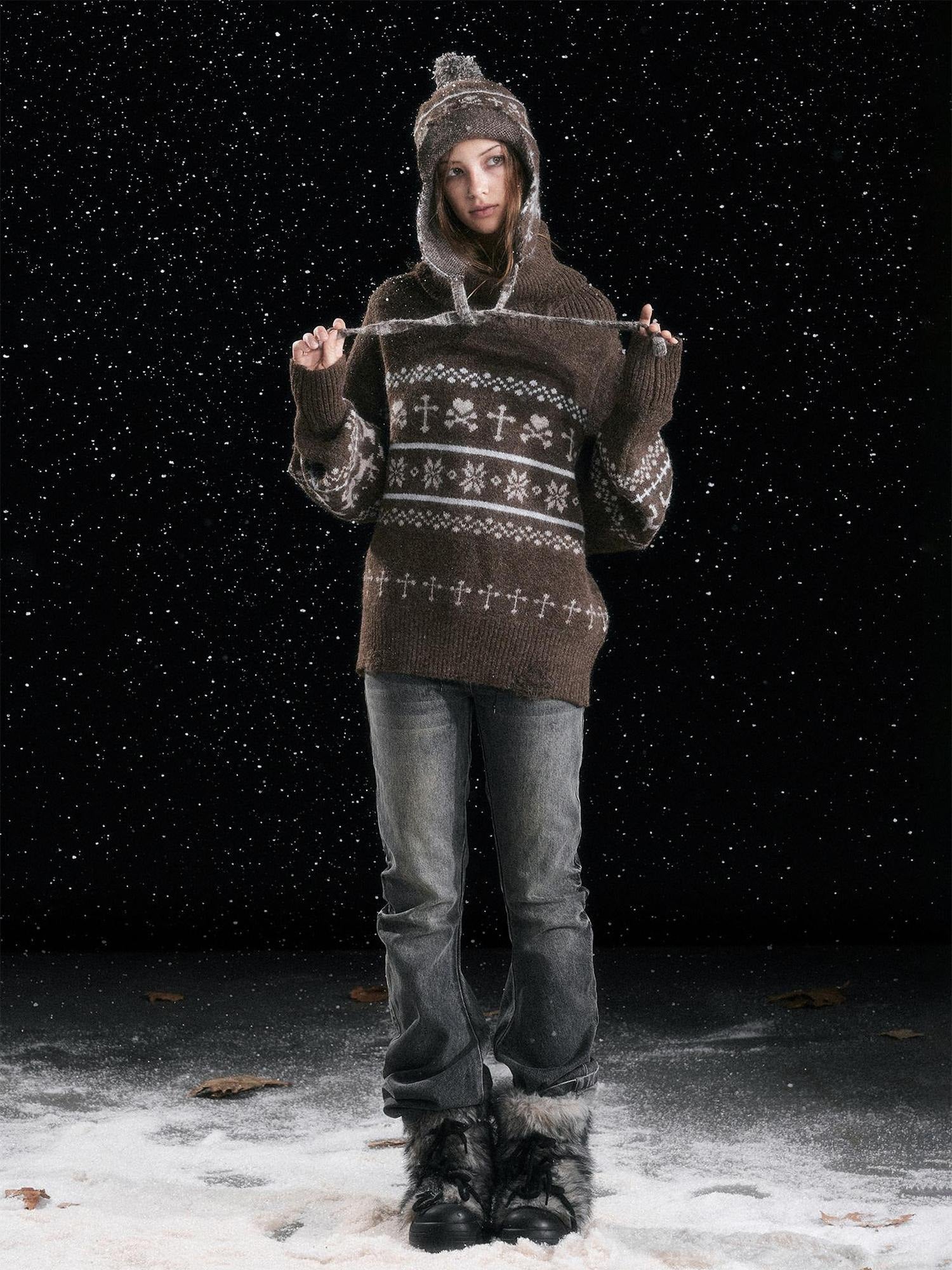 Cest Nous Cozy Thermal Commuter Loose Hooded Women Wool Blend Sweaters