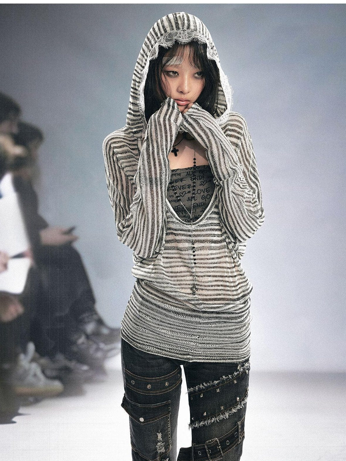 Cest Nous Oversized Punk Letter Print Batwing Hooded Pullover Women Polyester Hoodie