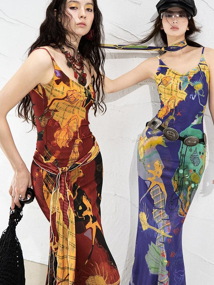 OfAkiva Sexy High Waist Square Neck Strappy Printed Stretch Polyester Maxi Dresses