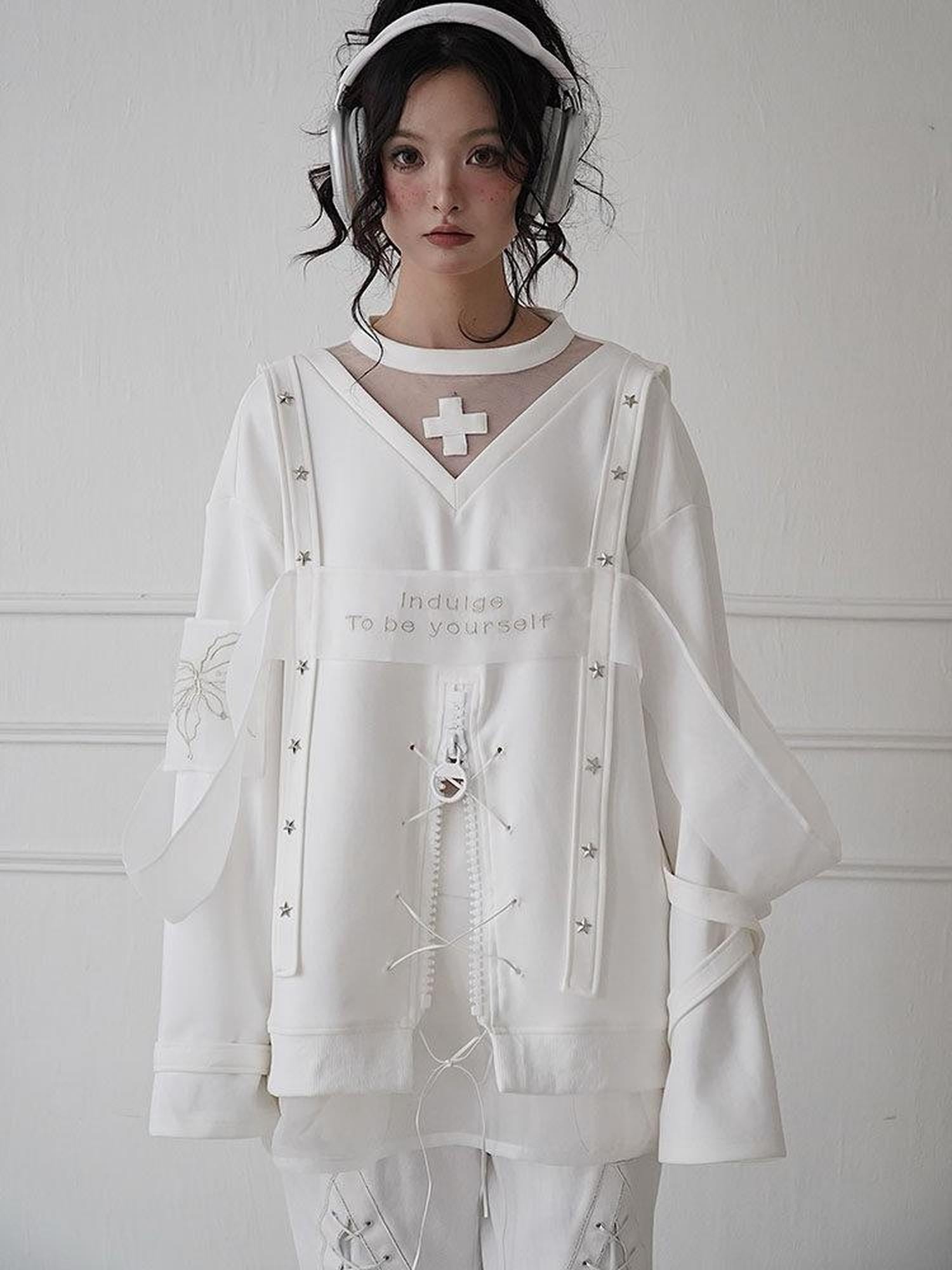 WSW Embroidered Cotton Blend Street Style Loose Fit Unisex White Crewneck Sweatshirts
