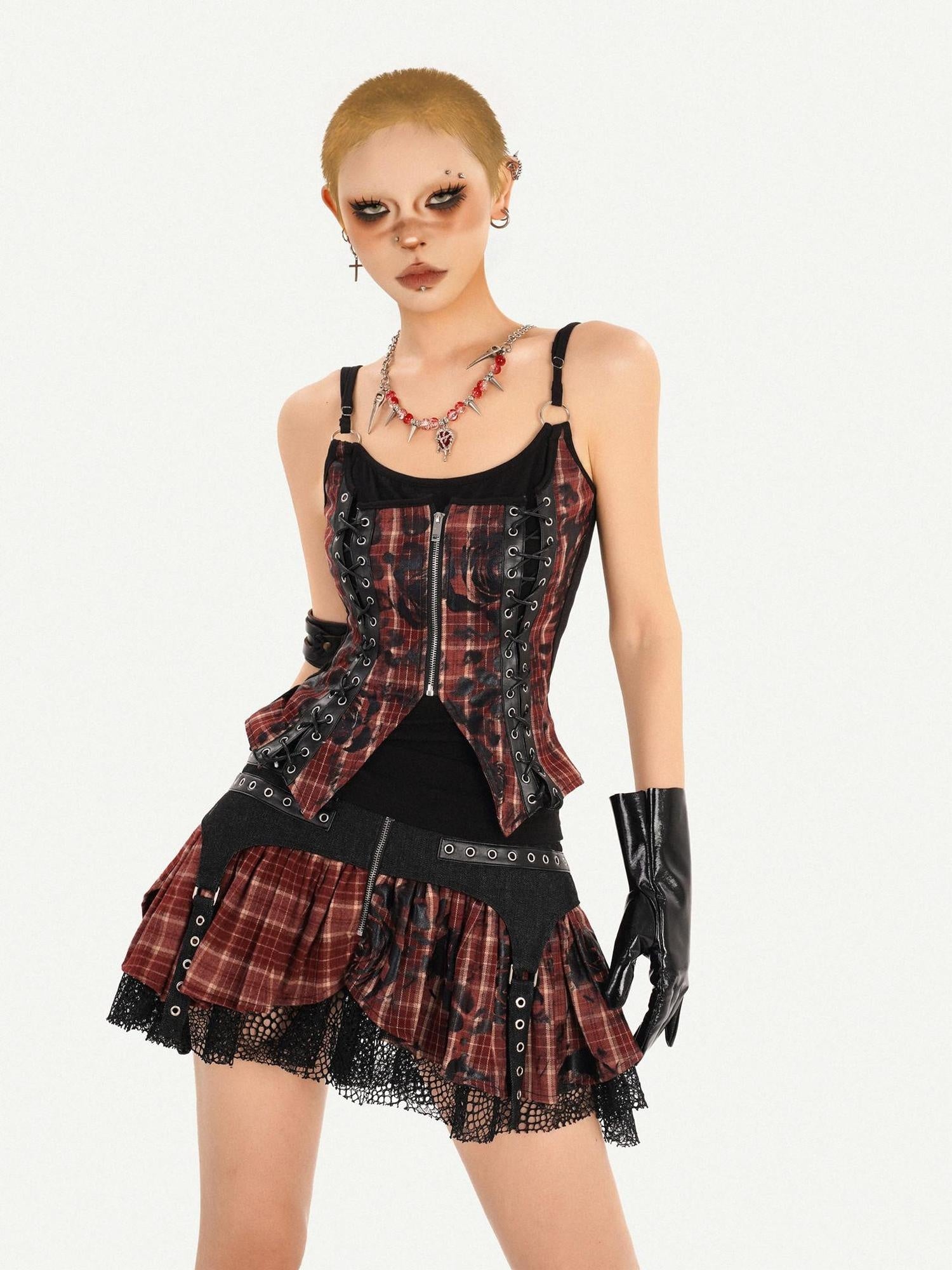 Nico Molly Zipper Cropped Plaid Slim Camisole High Waist Skirt Women Top & Skirt Sets
