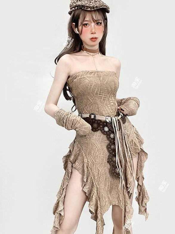 REDDACHIC Khaki Wasteland Fitted Ruffle Tassel Asymmetrical Women'S Strapless Maxi Dresses