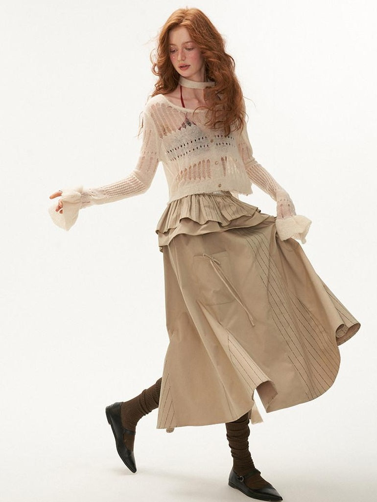 MAMC Wool Blend Hollow Knit Casual V-neck Short Button Two Piece Women Cardigans