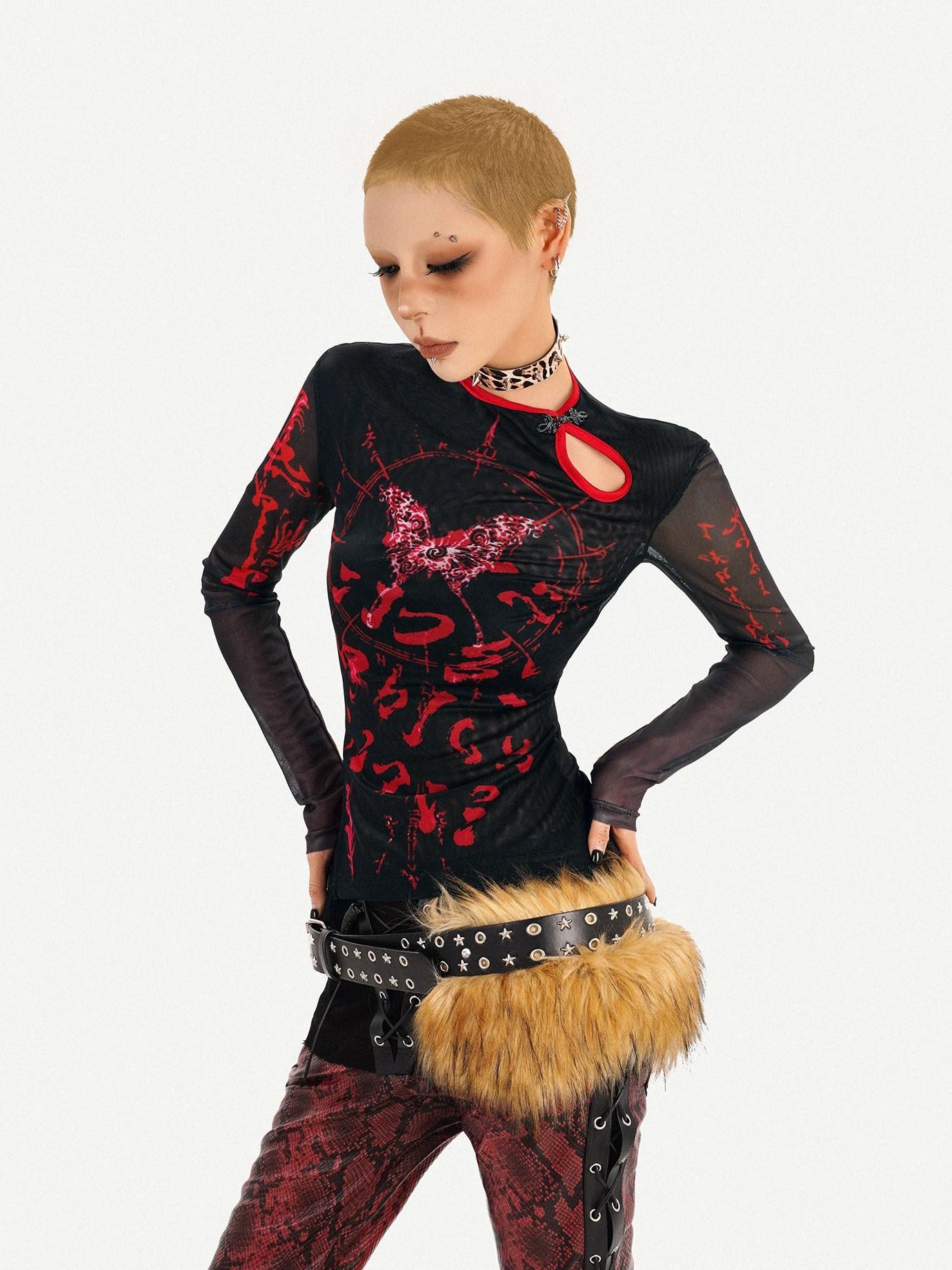 Nico Molly Dark Gothic Mesh Butterfly Print Asymmetric Slim Fit Women Long Sleeve T-Shirts