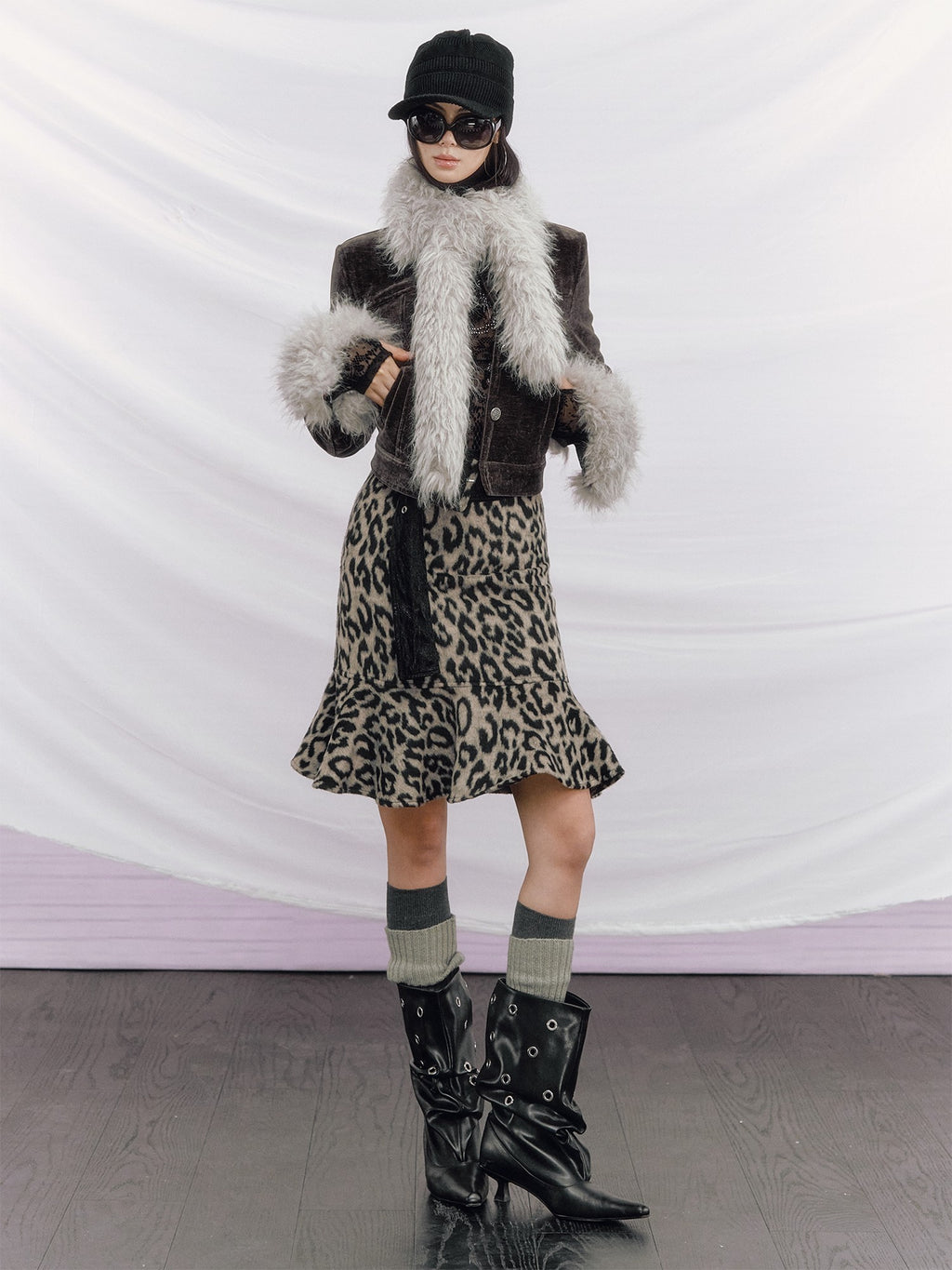 OfAkiva High Waisted Slim A Line Patchwork Belted Casual Women Leopard Print Midi Skirts