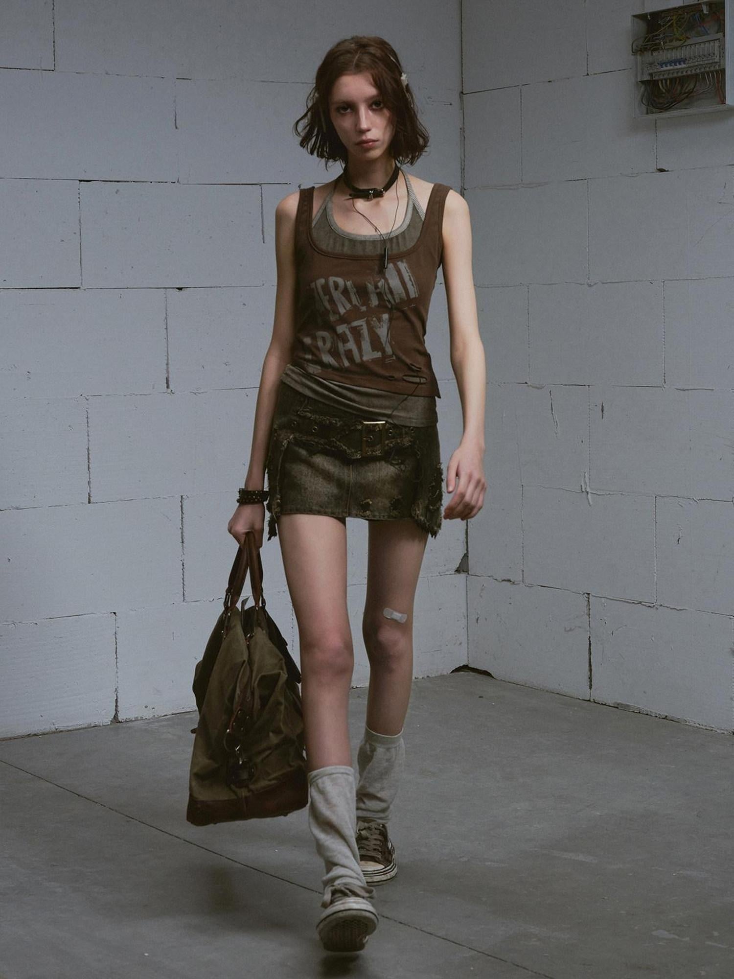 Cest Nous Distressed Print Punk Slim Halter Female Cotton Blend Brown Gray Tanktops