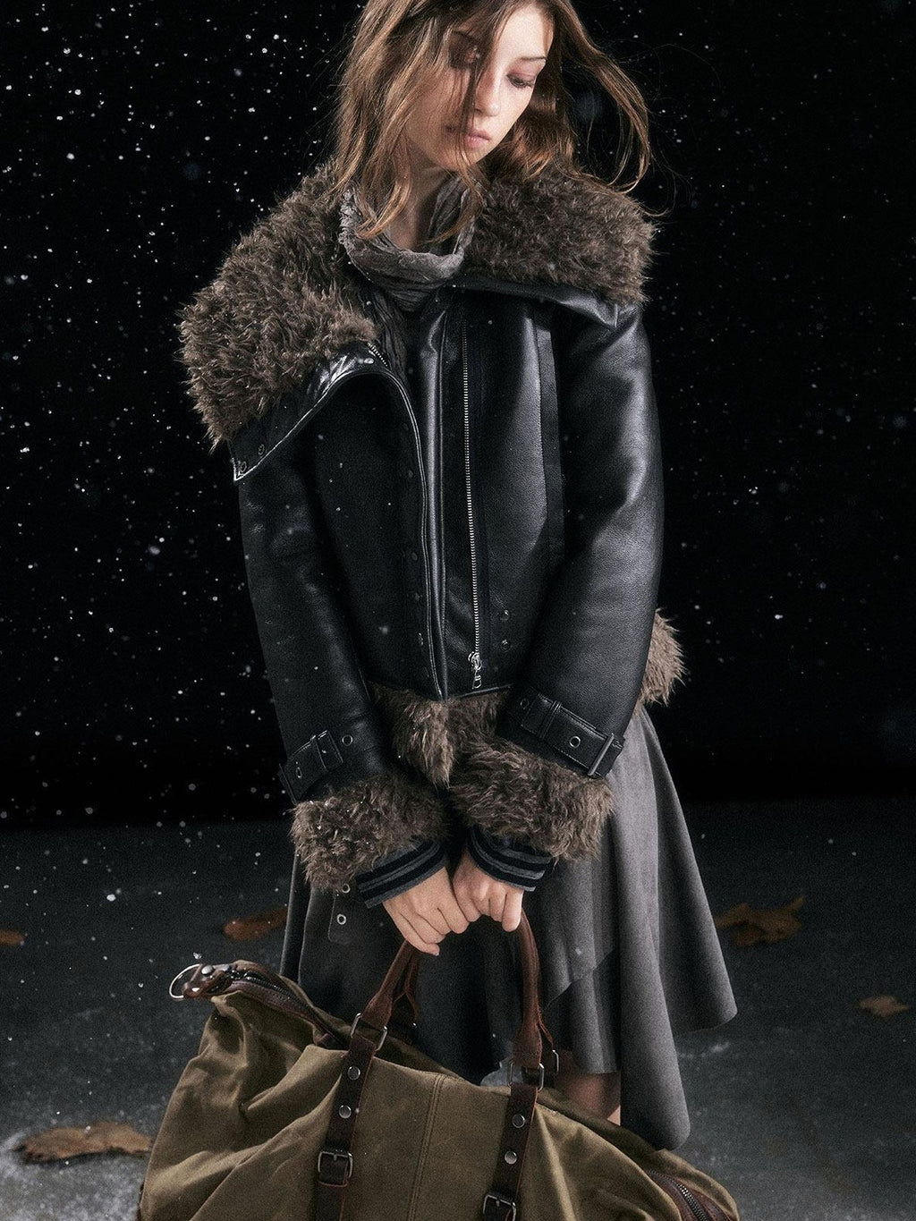 Cest Nous Slimming Thick Punk Straight Cut Faux Shearling Lapel Zip Women Croppedjackets