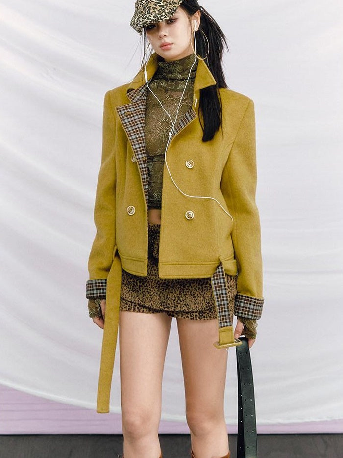 OfAkiva Vintage Slim Fit Plaid Wool Lapel Double Breasted Tailored Women Cropped Jackets