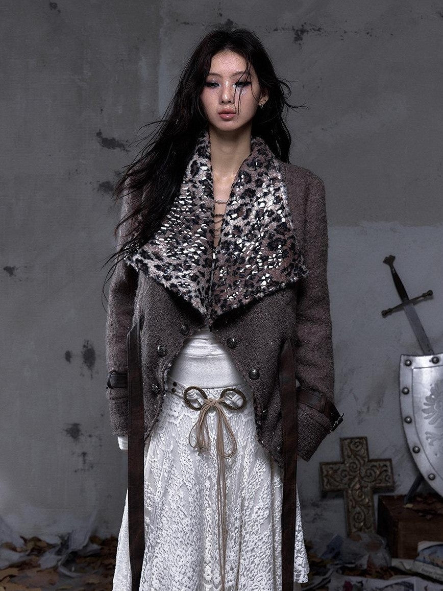 NO ROMANCE Leopard Print Patchwork Reversible Lapel Women'S Boucle Tweed Plush Short Coats