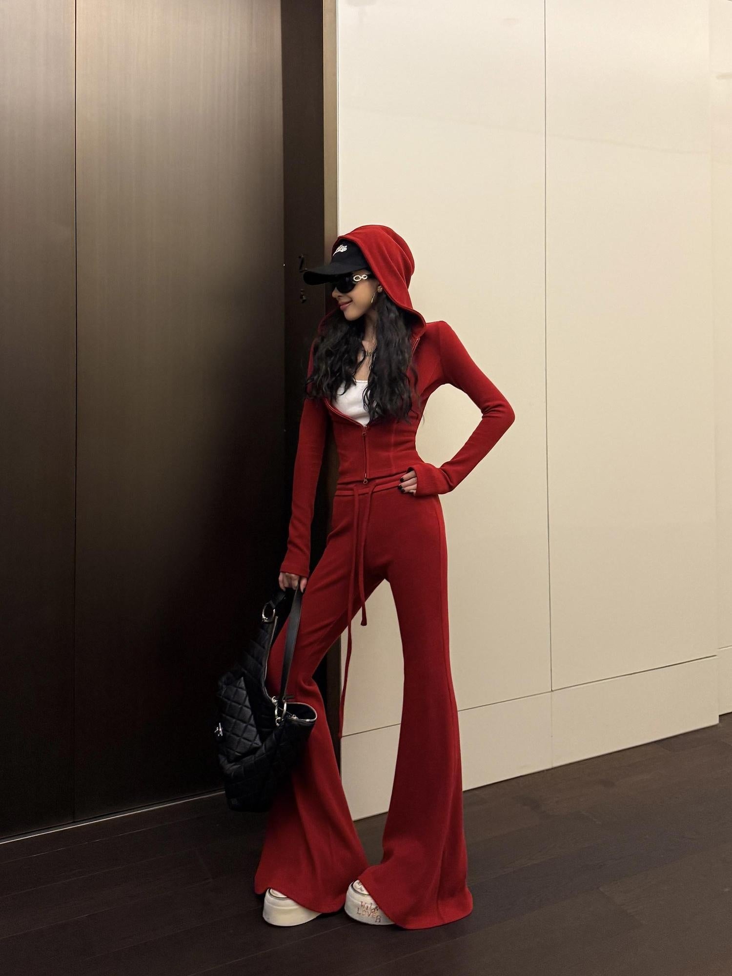 ZERO Soft Stretch Hooded Sweatshirt High Waist Pants Casual Women Red Top & Pants Sets