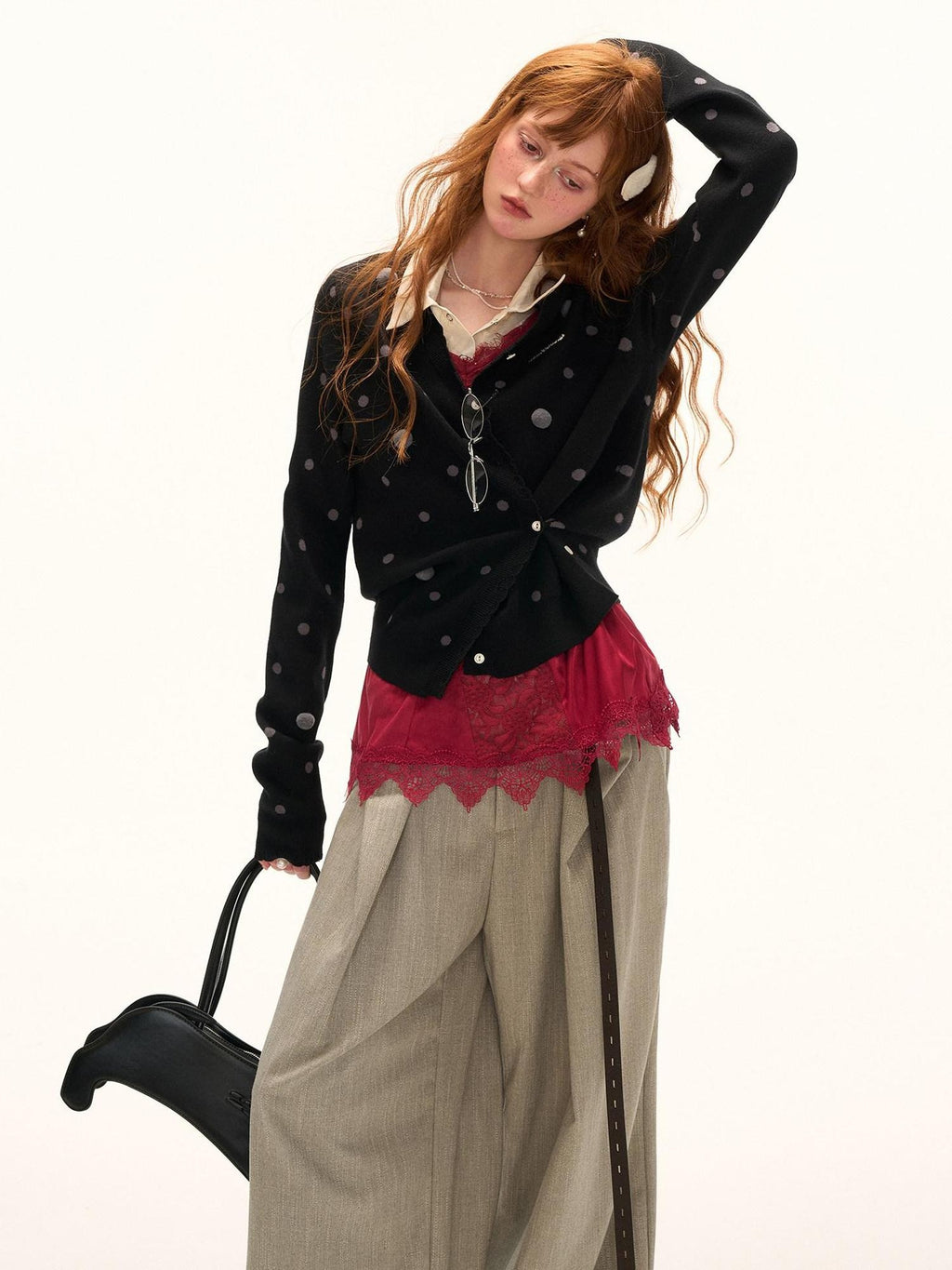 MAMC Comfort Viscose Blend Polka Dot Slim Fit Campus Open Front Long Sleeve Cardigans