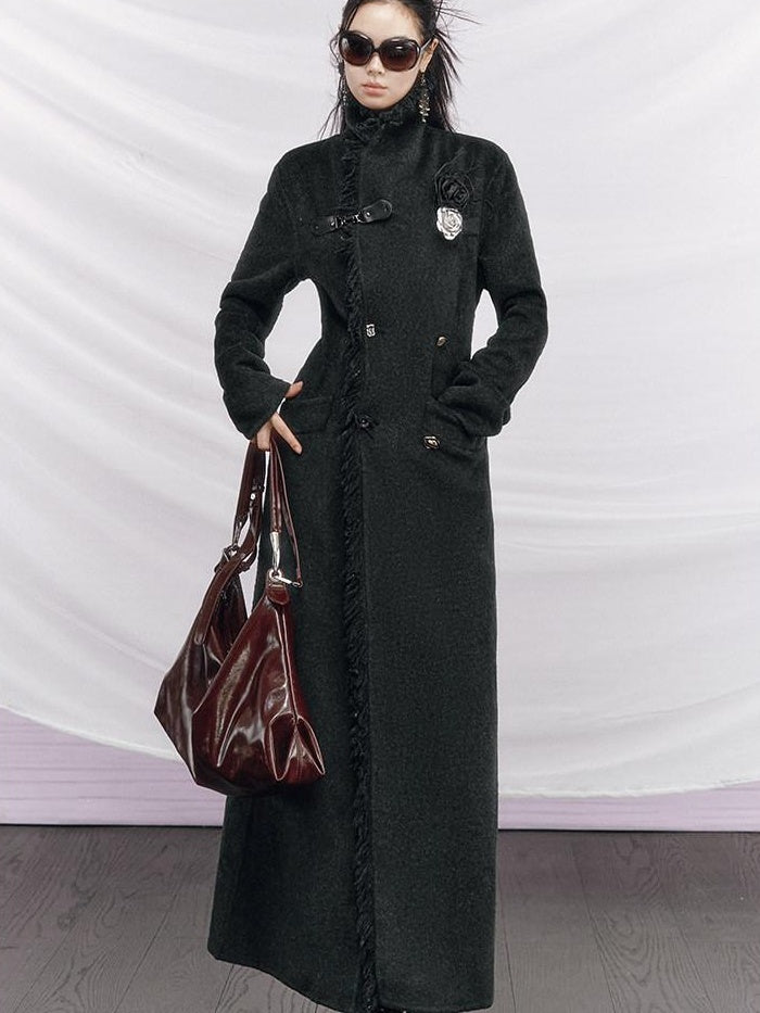 OfAkiva Vintage Slim Wool V-neck Drop Shoulder Single Breasted Women Long Coats