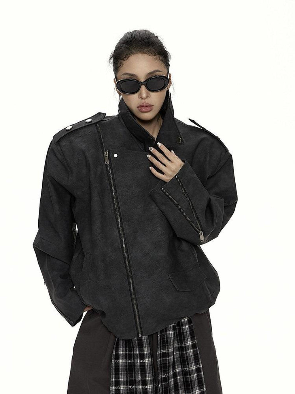 ZERO Thick Pu Leather Zipper Lapel Street Loose Fit Youth Dark Gray Leather Jackets