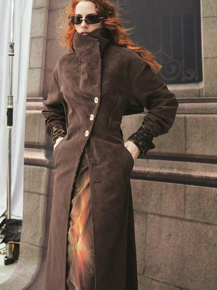 OfAkiva Faux Leather Windproof Vintage Straight Stand Collar Leopard Women Long Coats