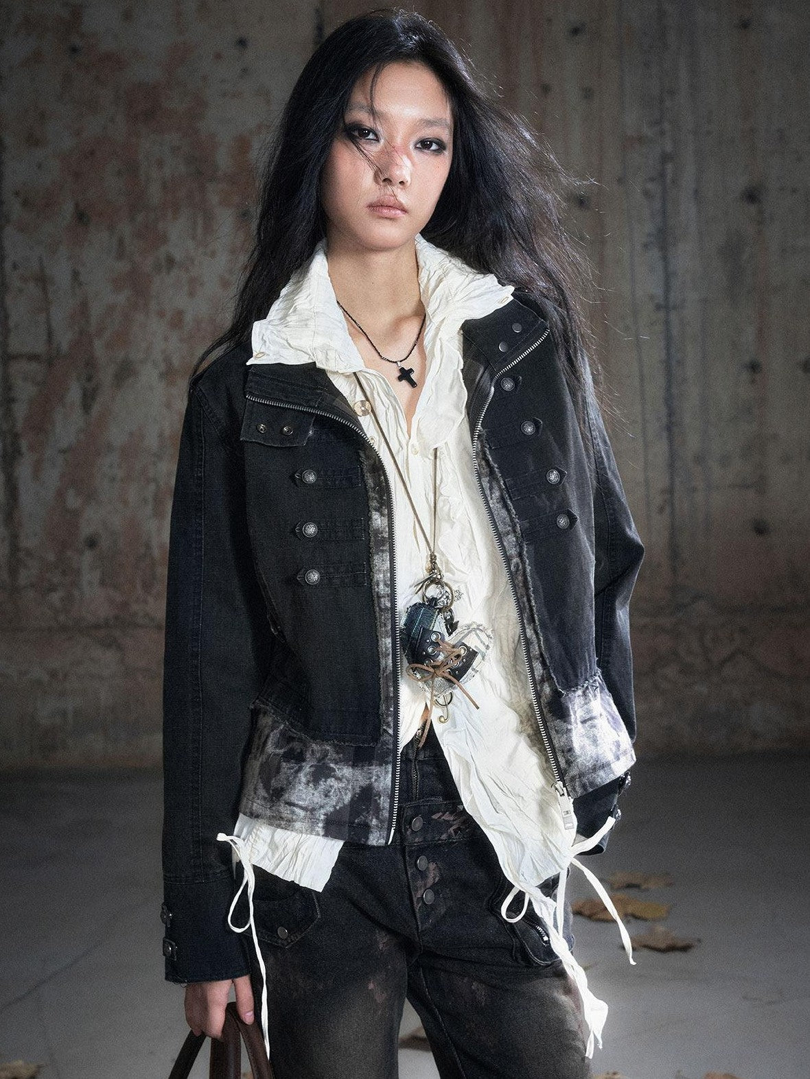 Cest Nous Frayed Punk Stand Collar Camo Cotton Button Long Sleeve Women Croppedjackets