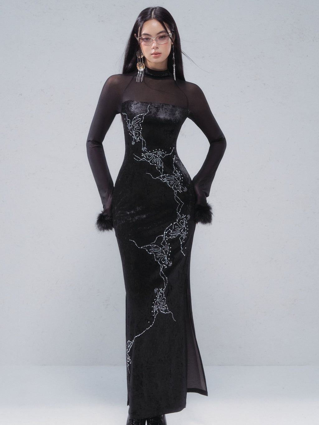 OfAkiva Rhinestone Neo Chinese Slim High Waist Cheongsam Women Black Maxi Dresses