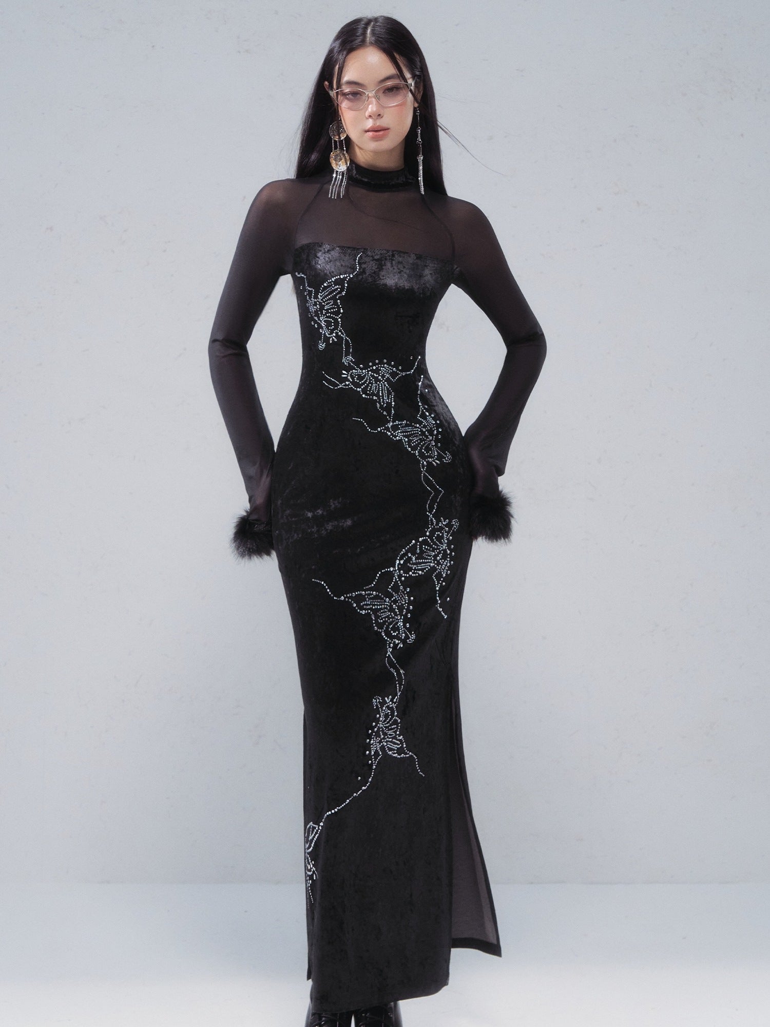 OfAkiva Rhinestone Neo Chinese Slim High Waist Cheongsam Women Black Maxi Dresses