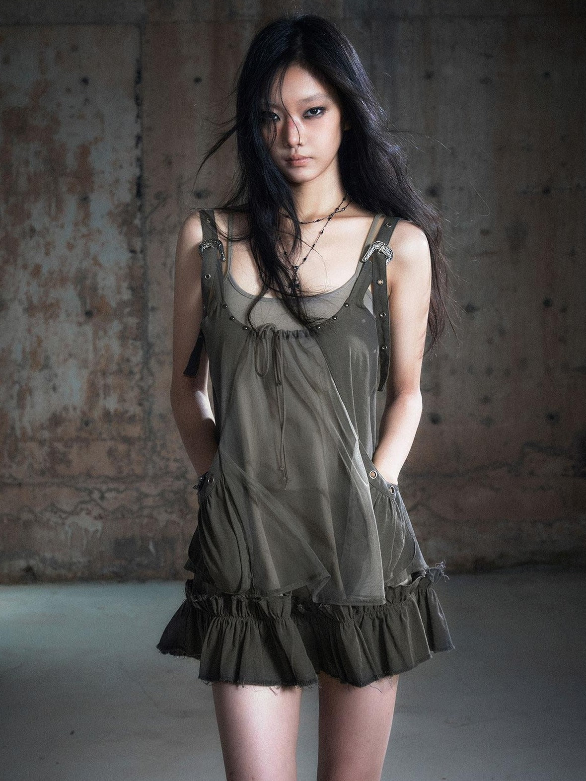 Cest Nous Micro Stretch Cotton Punk Patchwork Spaghetti Strap Everyday Minidresses