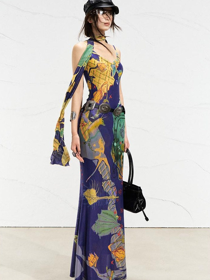 OfAkiva Sexy High Waist Square Neck Strappy Printed Stretch Polyester Maxi Dresses