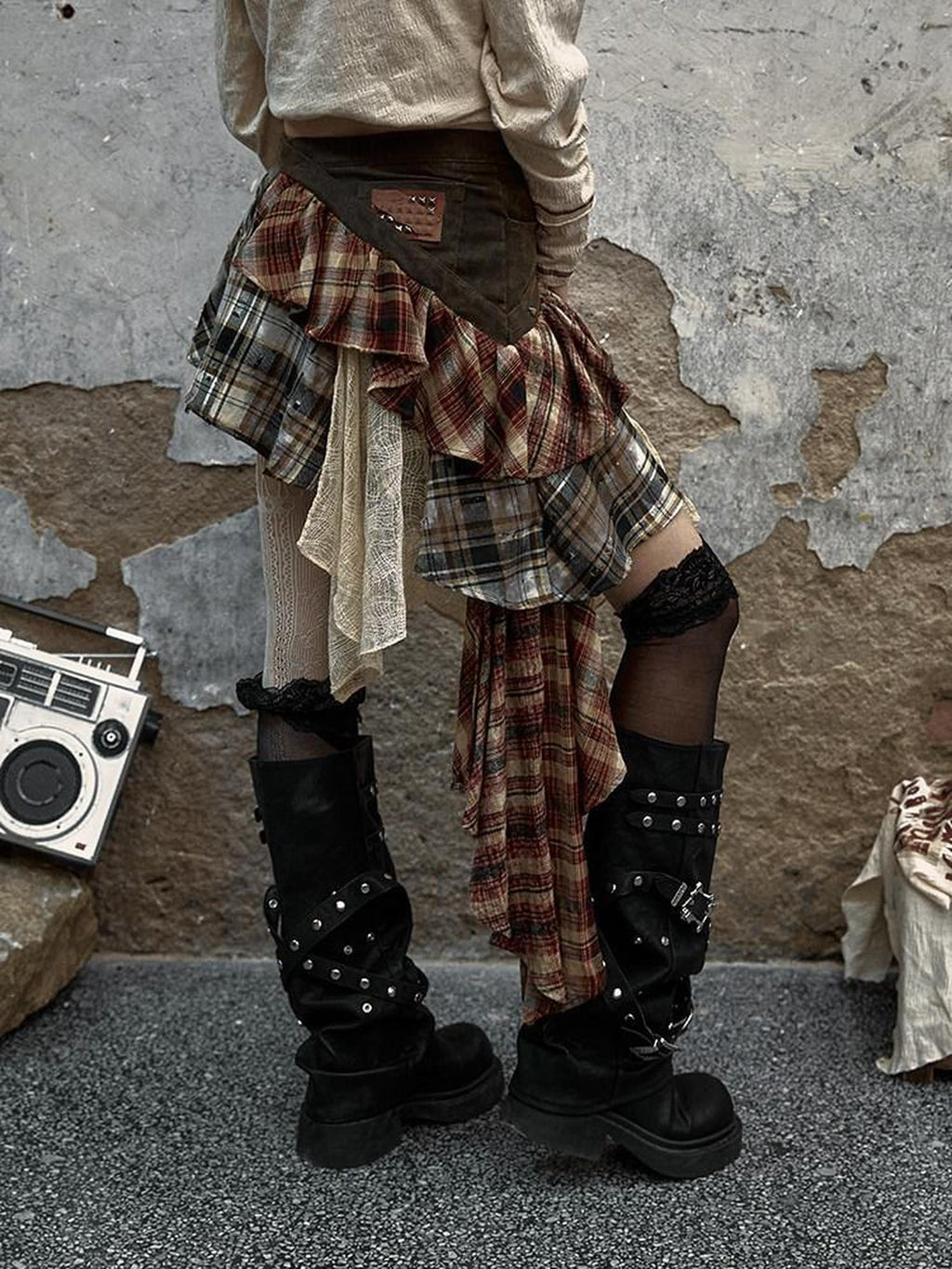 NO ROMANCE Punk Asymmetric Plaid Patchwork Rivet Women'S Cotton Midi Skirts