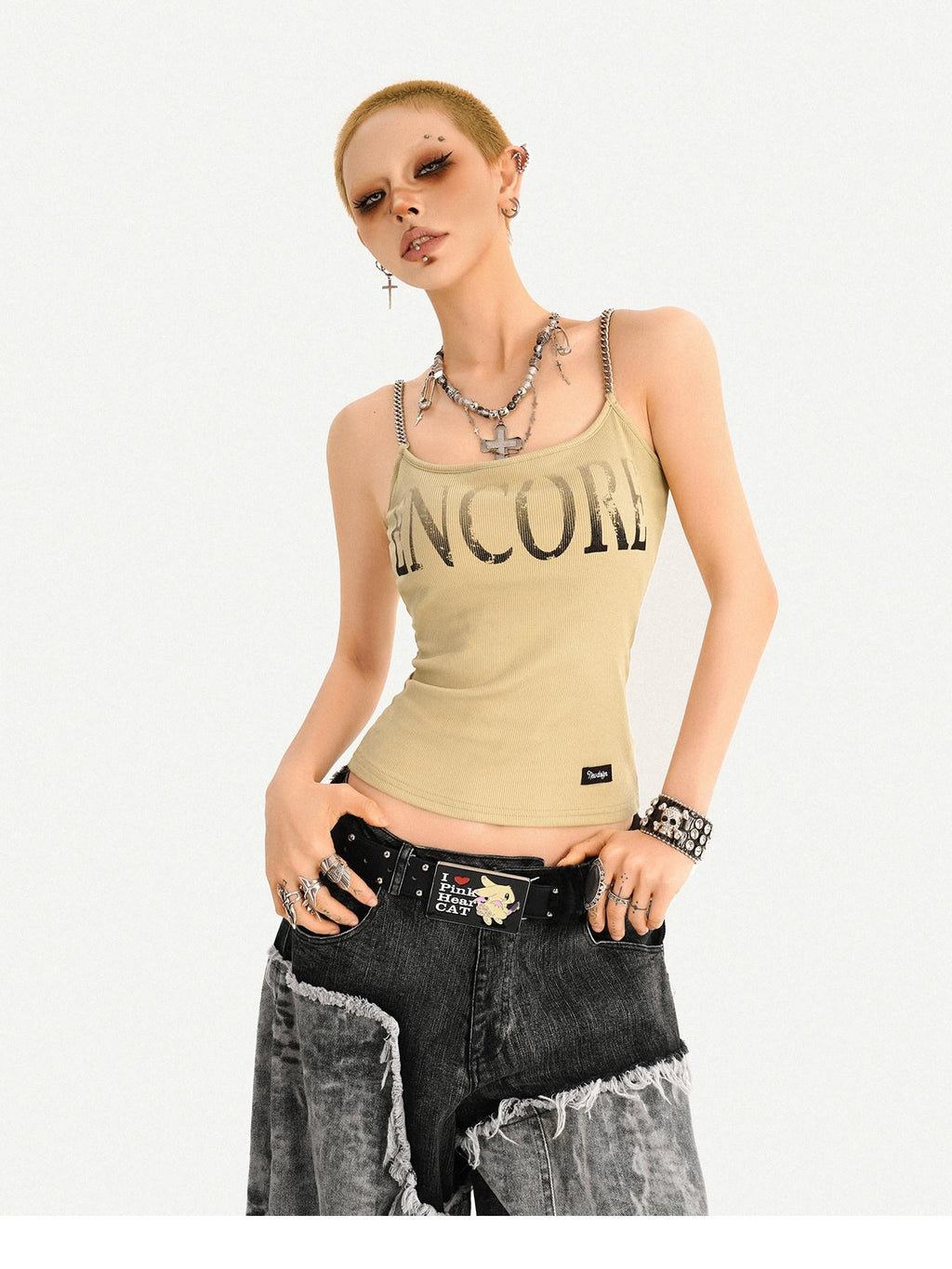 Nico Molly Loose U Neck Printed Short Non Padded Women Layering Khaki Black Camisoles