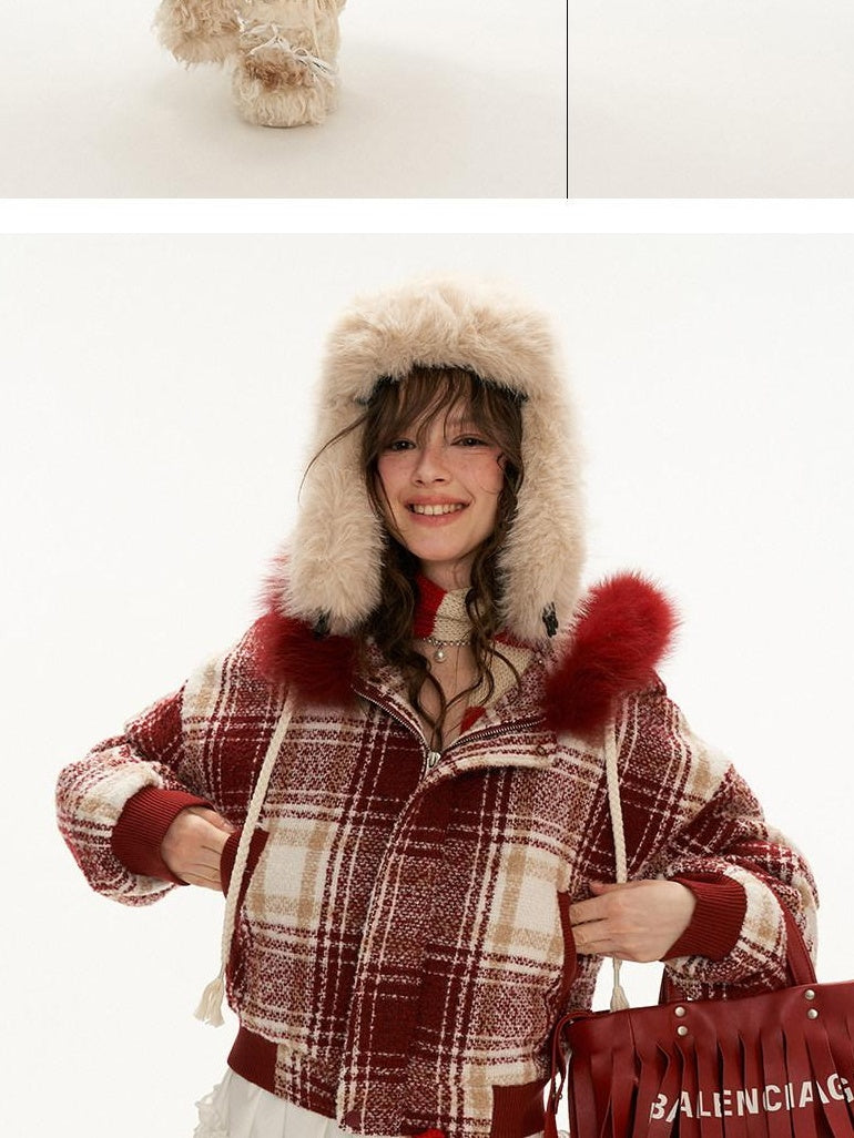 MAMC Plaid Red Polyester Panelled Short Lapel Straight Fit Office Cropped Jackets