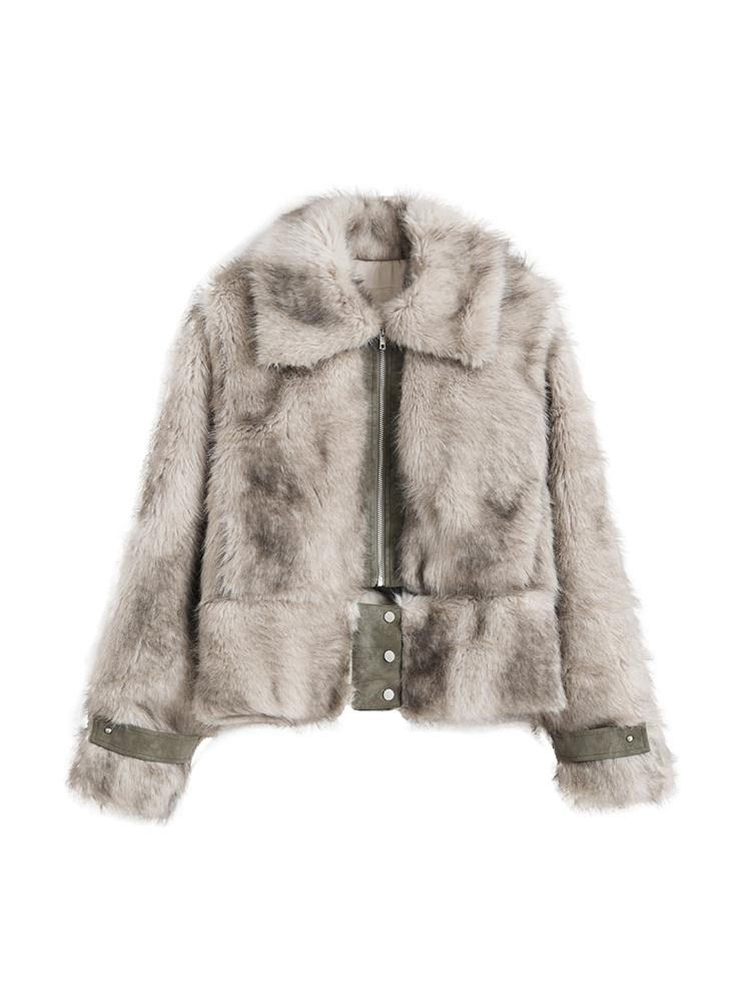 Cest Nous Thick Fur Collar Punk Street Short Fit Young Adults Silver Gray Beige Jackets