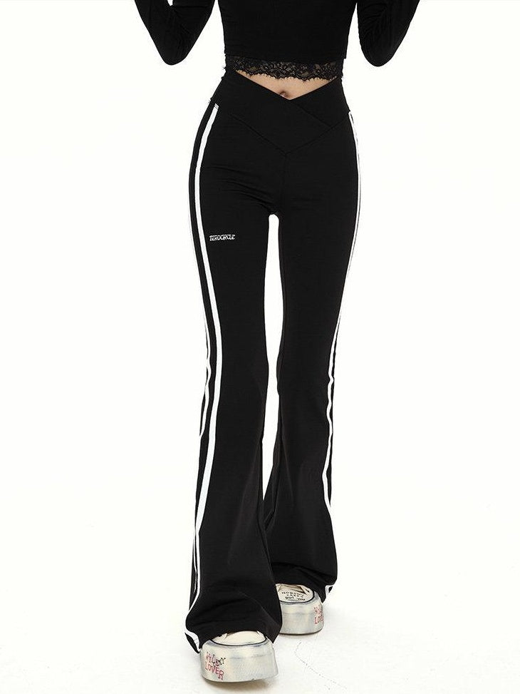 ZERO High Stretch Knit Micro Flared Street Sporty Women Striped Black Flared Pants