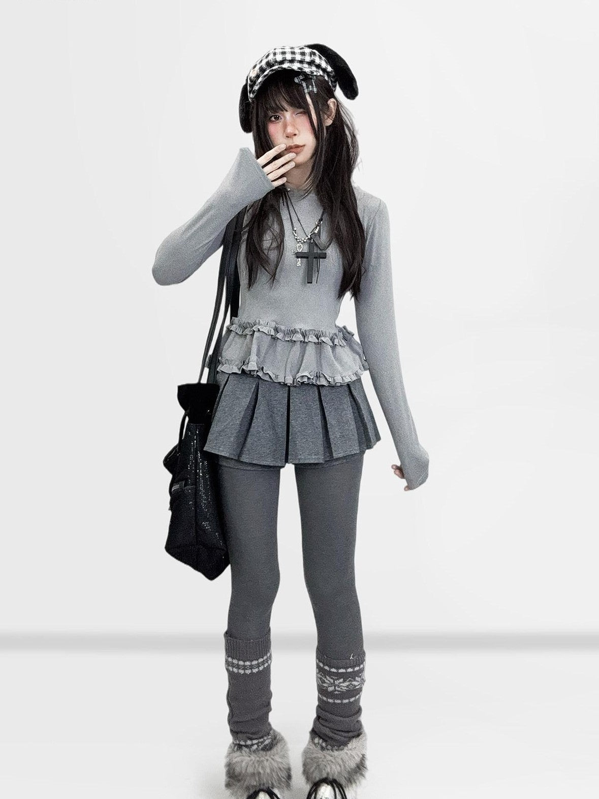 REDDACHIC Heather Gray Layered Lettuce Edge Slim Fit Women'S Derong Long Sleeve T-Shirts