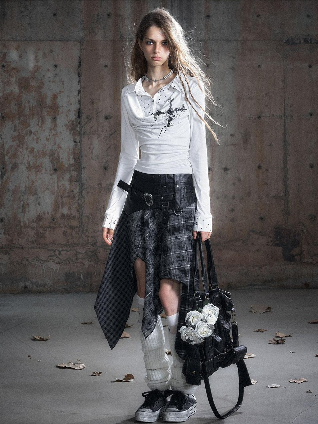 Cest Nous Pu Patchwork Punk Asymmetric Low Waist Youth Daily Wear Cotton Blend Midiskirts