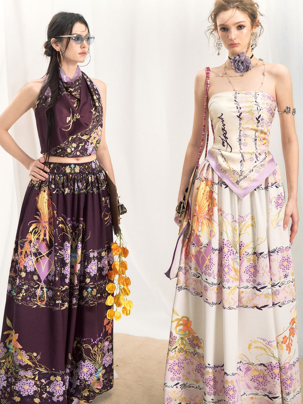 OfAkiva Floral Sleeveless Slim Two Piece With Square Scarf Women Top & Skirt Sets