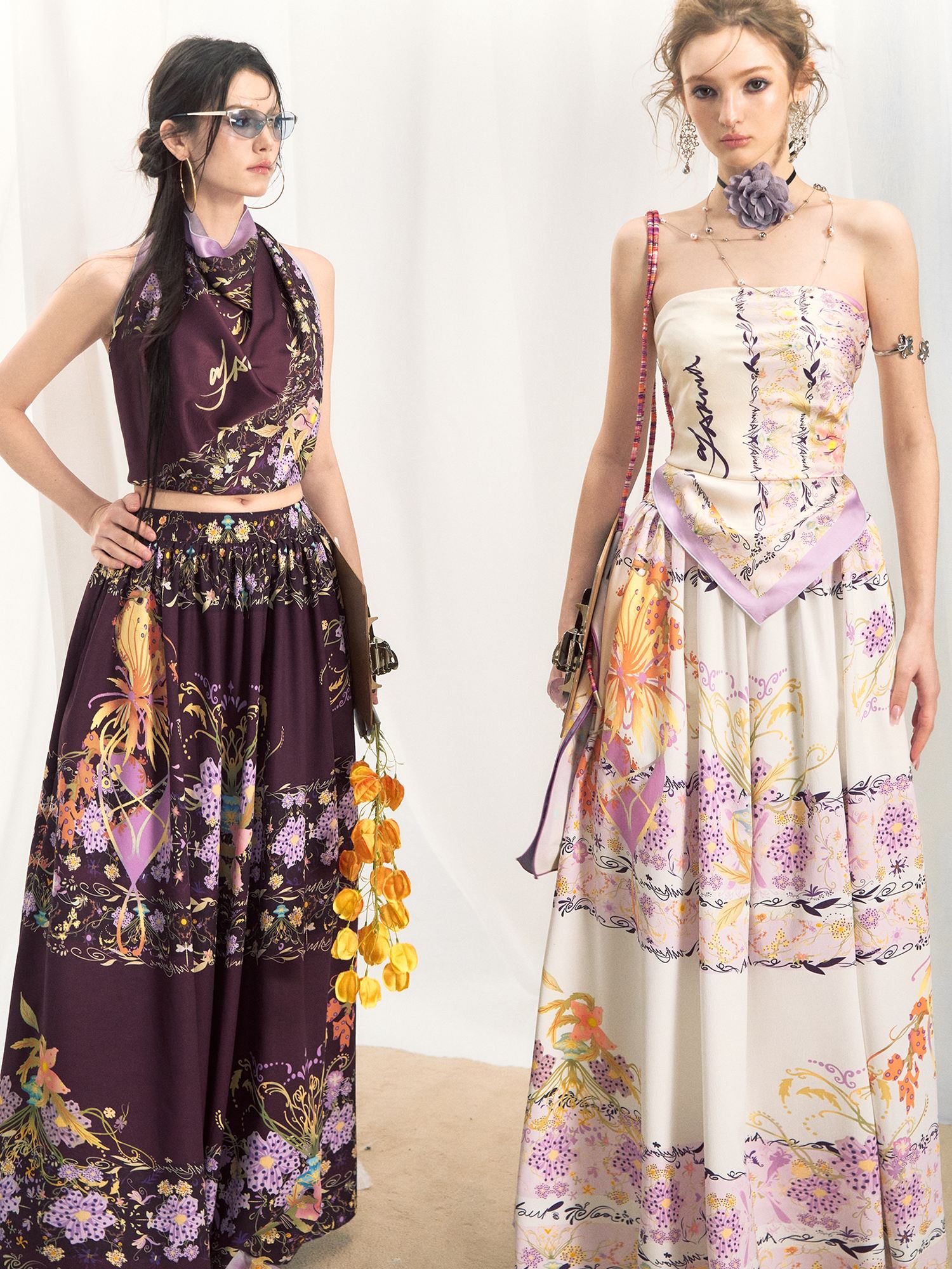OfAkiva Floral Sleeveless Slim Two Piece With Square Scarf Women Top & Skirt Sets