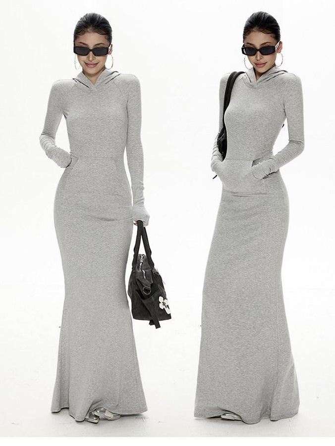 ZERO Soft High Stretch Sexy Hooded Slim H Knit Lyocell Maxi Dresses
