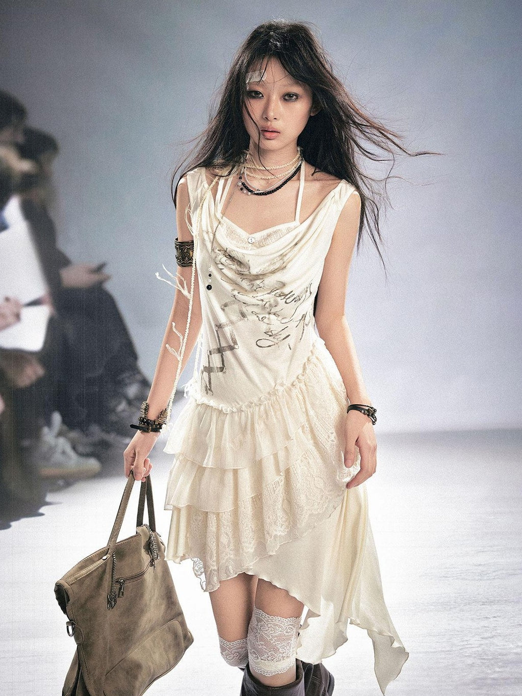 Cest Nous Breathable Lyocell Slim Fit Sleeveless Collared Irregular Hem Beige Mididresses