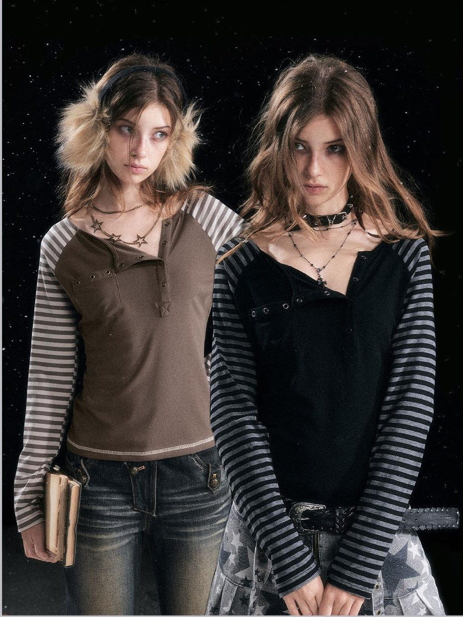 Cest Nous Punk Striped Colorblock Slim Raglan Crew Neck Women Longsleevet-Shirts