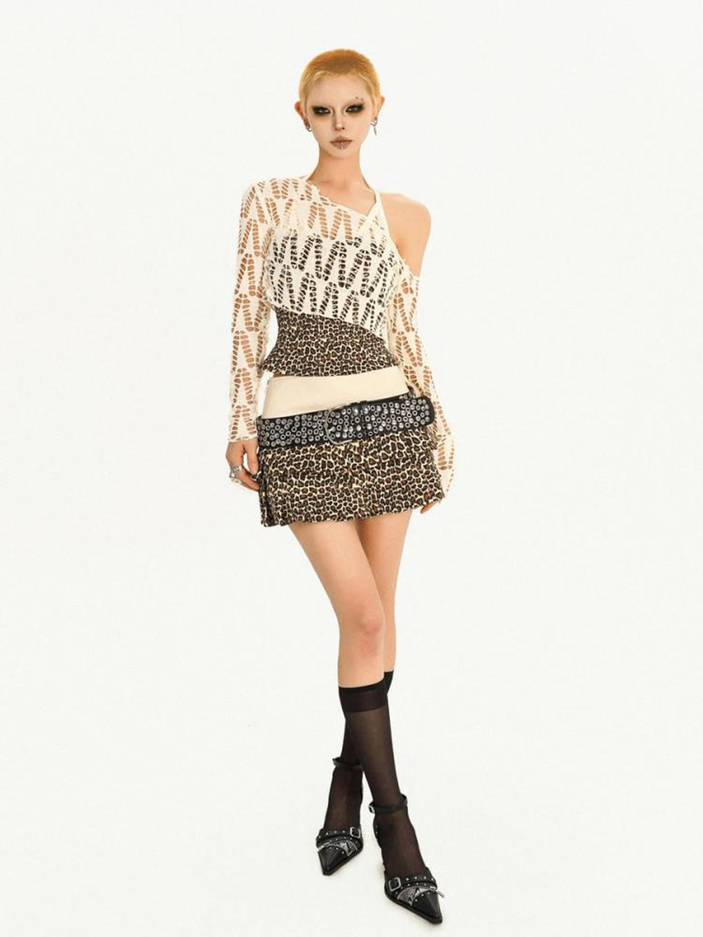 Nico Molly Animal Patchwork Long Sleeve Round Neck Women Polyester Top & Skirt Sets