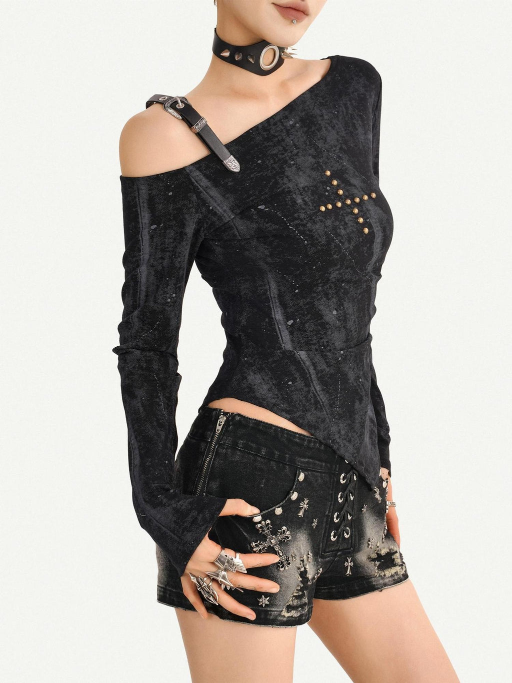 Nico Molly Vintage Wash Slim Fit One Shoulder Street Asymmetric Long Sleeve T-Shirts