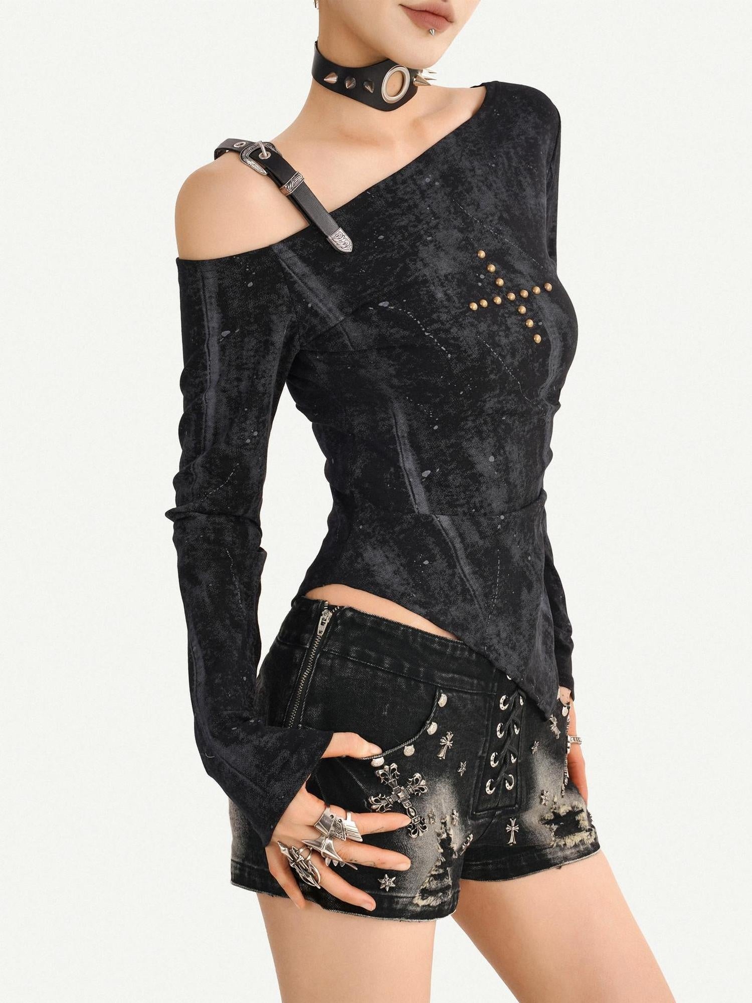 Nico Molly Vintage Wash Slim Fit One Shoulder Street Asymmetric Long Sleeve T-Shirts