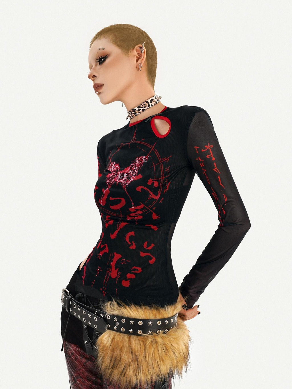 Nico Molly Dark Gothic Mesh Butterfly Print Asymmetric Slim Fit Women Long Sleeve T-Shirts