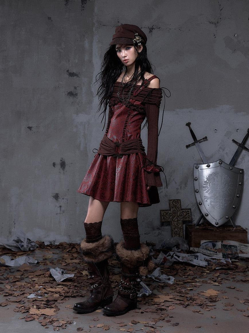 NO ROMANCE Punk Leather Trim One Shoulder Long Sleeve Aline Women'S Knit Mini Dresses