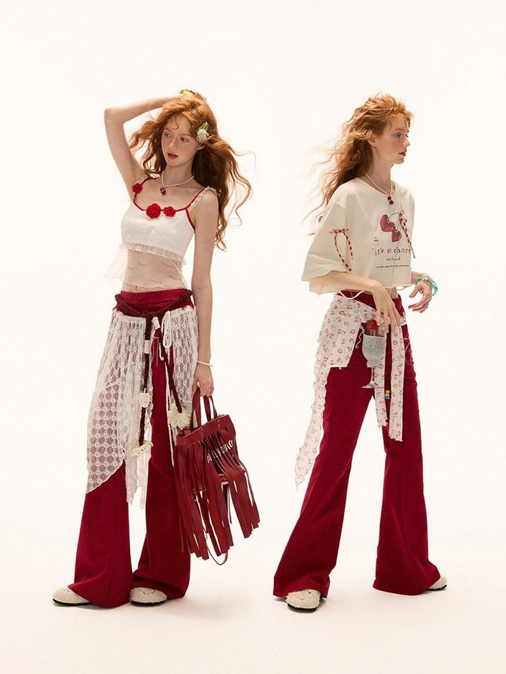 MAMC Slim Cotton Low Rise Drawstring Womens Minimal Red Micro Flare Flared Pants