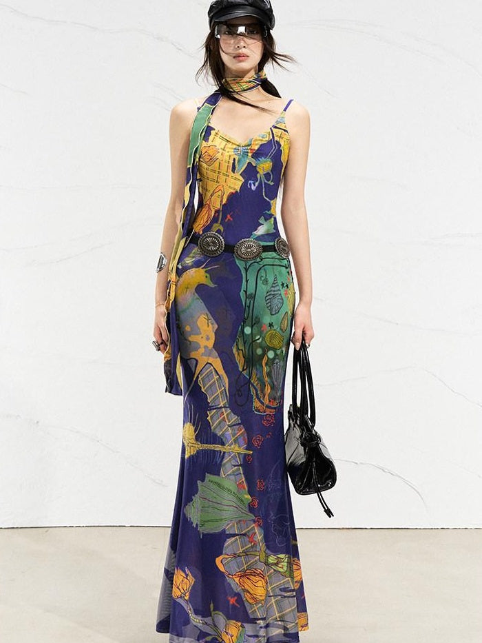 OfAkiva Sexy High Waist Square Neck Strappy Printed Stretch Polyester Maxi Dresses