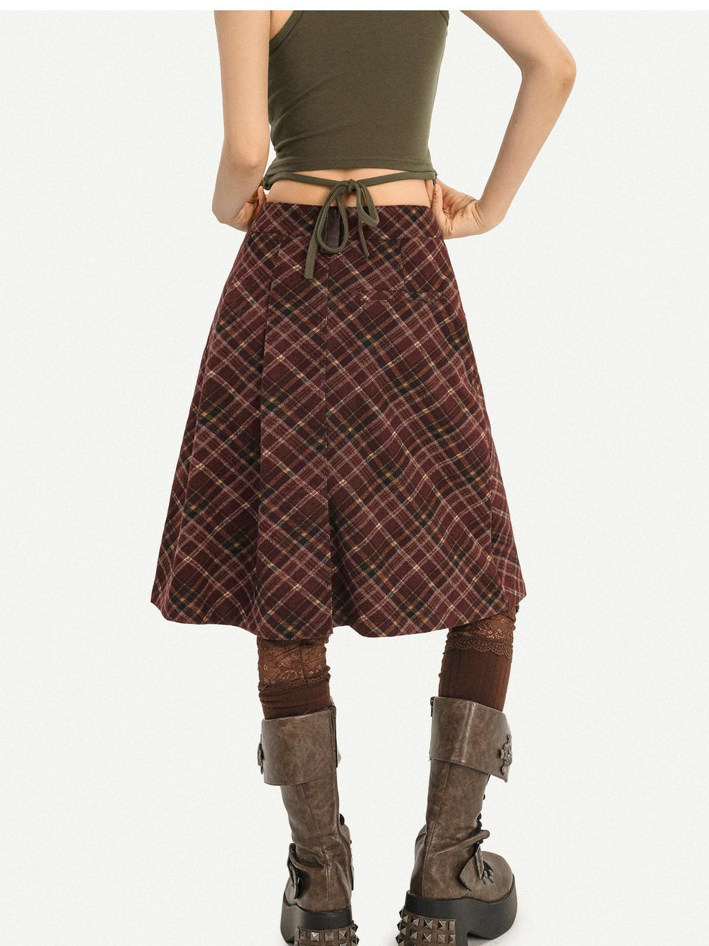 Nico Molly Casual Distressed Plaid A Line Button Pocket Midwaist Tweed Women Midi Skirts