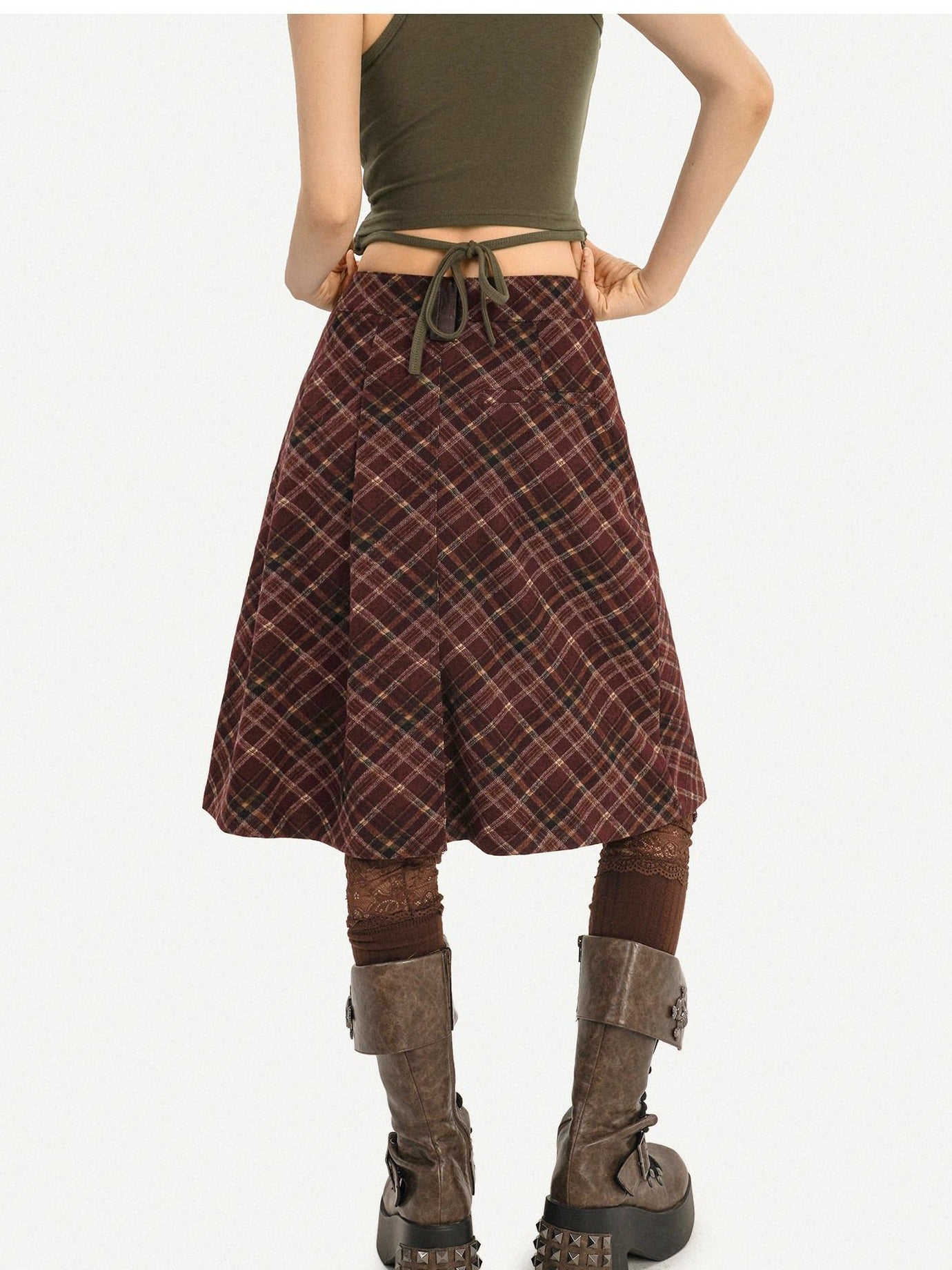 Nico Molly Casual Distressed Plaid A Line Button Pocket Midwaist Tweed Women Midi Skirts