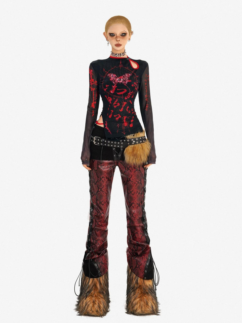 Nico Molly Dark Gothic Mesh Butterfly Print Asymmetric Slim Fit Women Long Sleeve T-Shirts