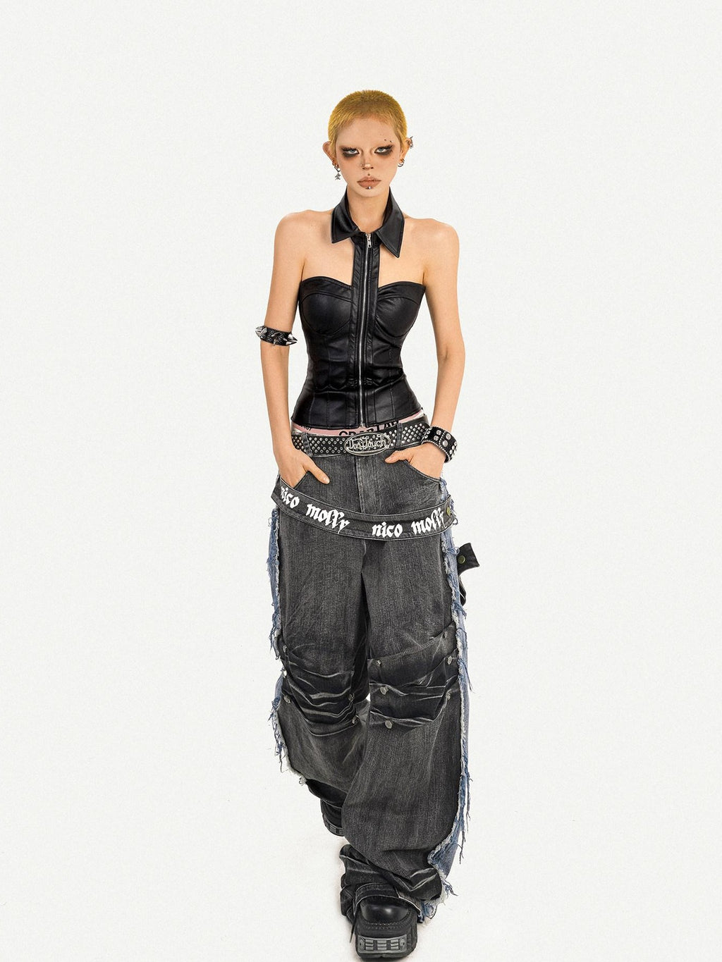 Nico Molly Pu Faux Leather Padded Zipper Crop Sexy Halter Collar Slim Women Camisoles
