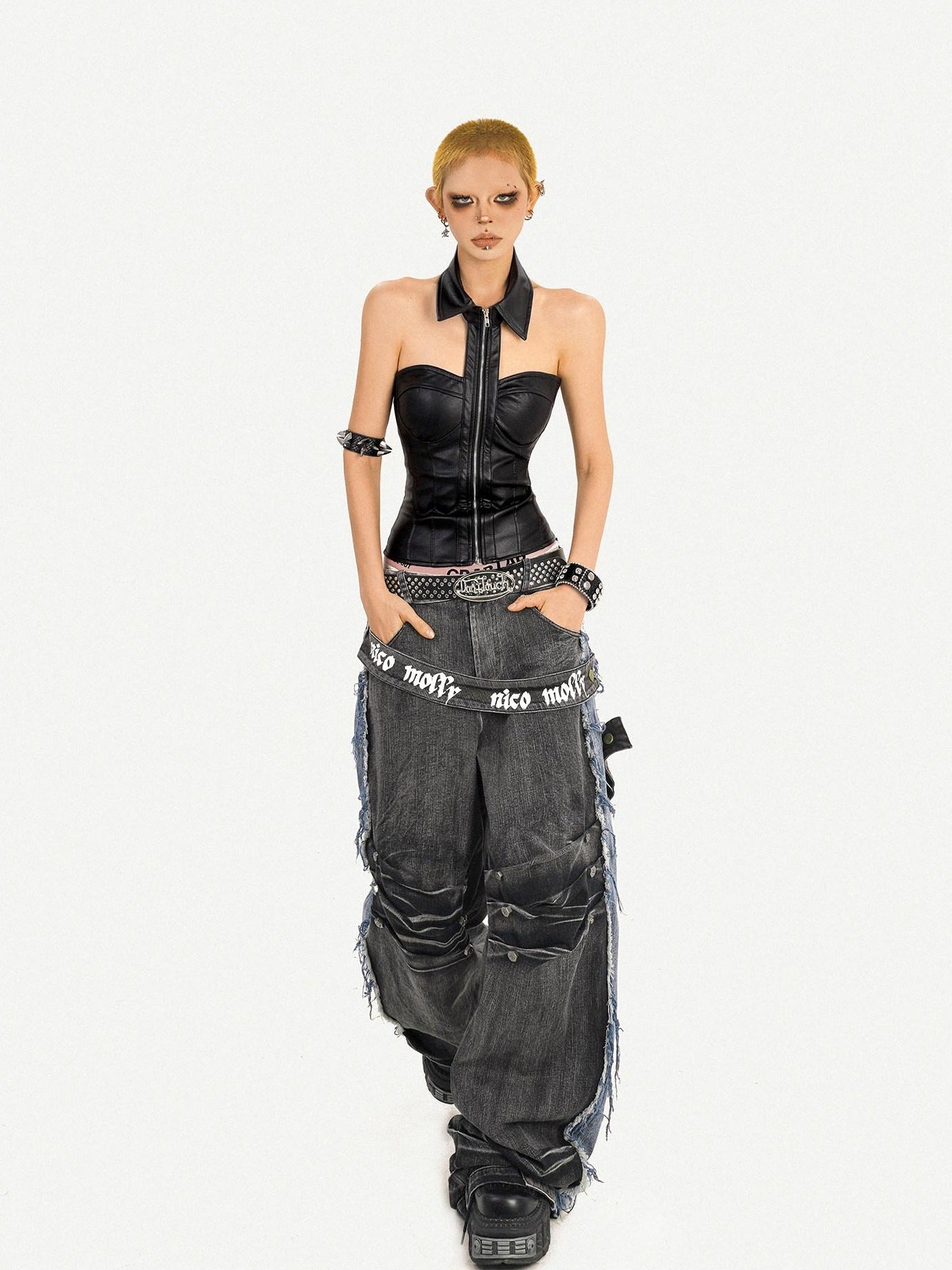 Nico Molly Pu Faux Leather Padded Zipper Crop Sexy Halter Collar Slim Women Camisoles